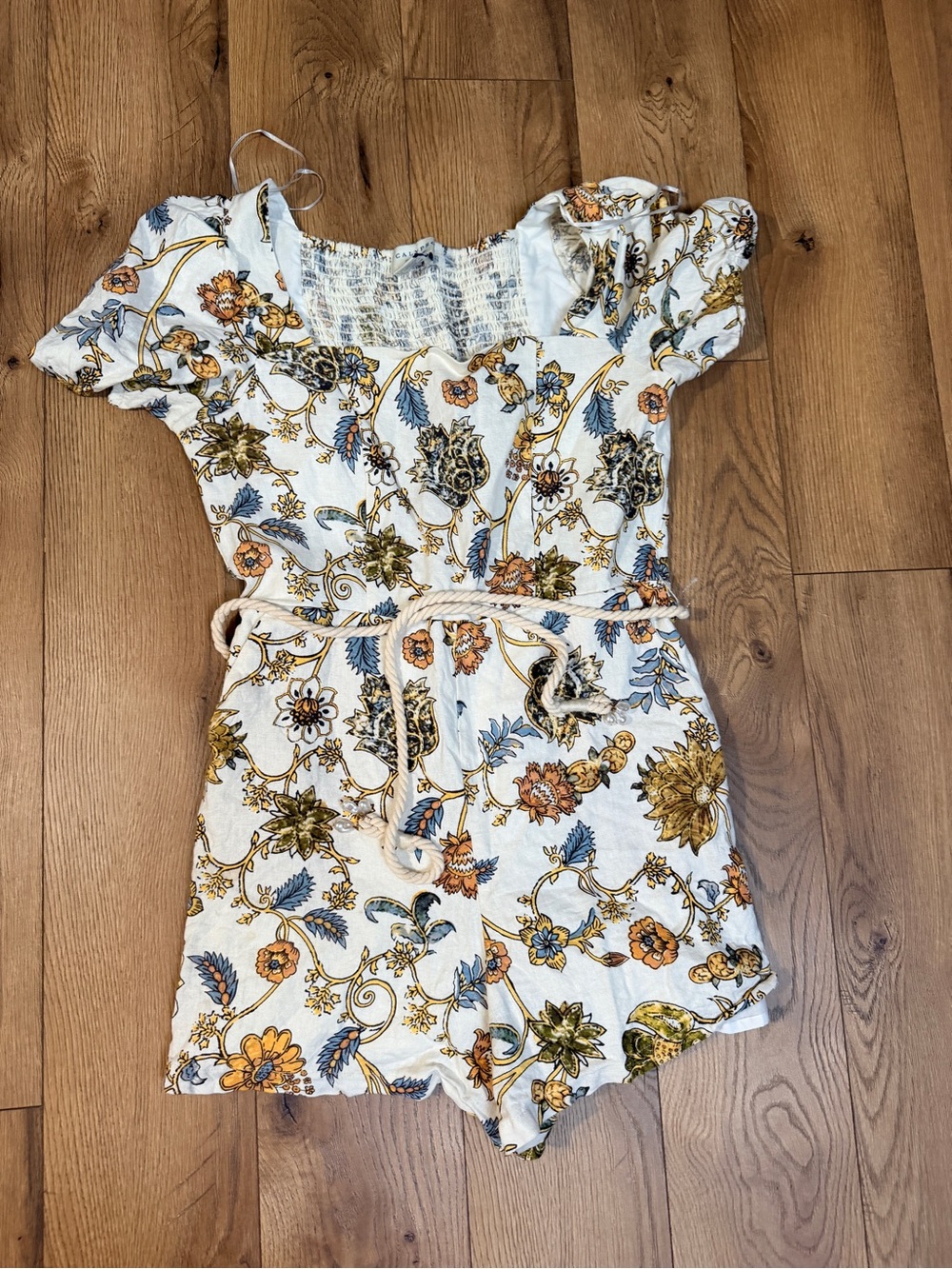 Calypso St. Barth White Floral Romper with Blue and Mustard Print